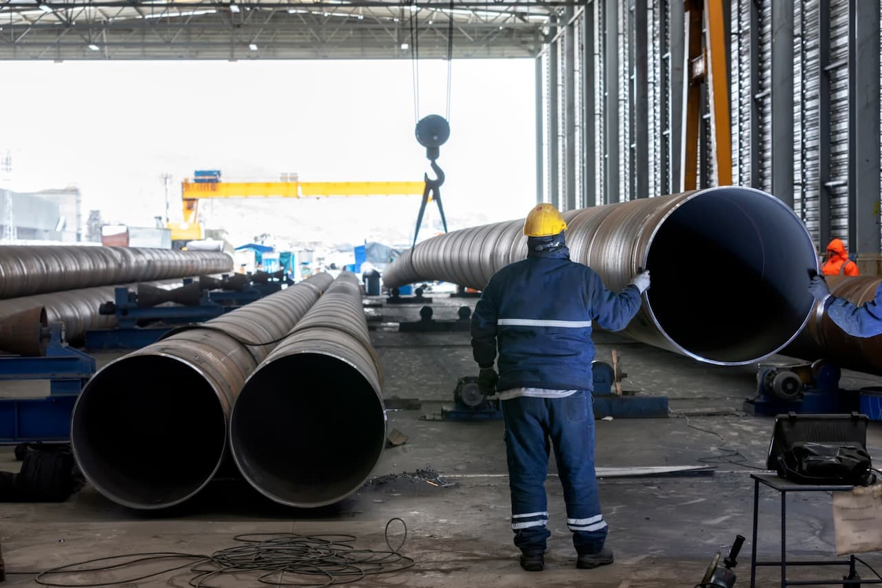 Trabajador de MMTubería transportando un tubo de acero al carbón